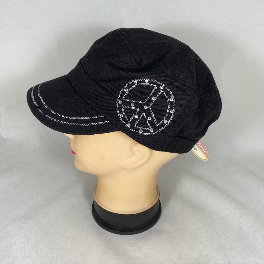 Tropical Trends Military Cadet Cap With Peace Logo And Decorative Rhinestone